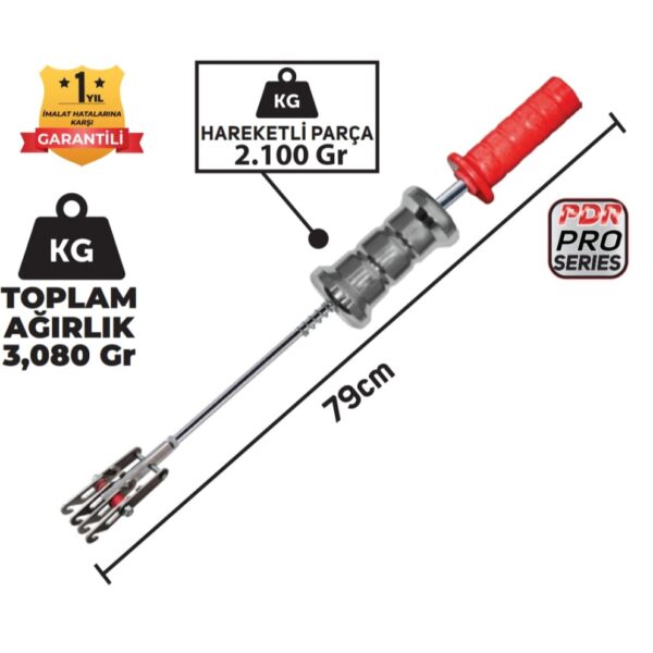 Set Pdr Kaporta Göçük Düzeltme Tokmağı Çift Yönlü Aslan Pençesi 4 Kancalı Plastik Saplı 3,080Kg 79cm