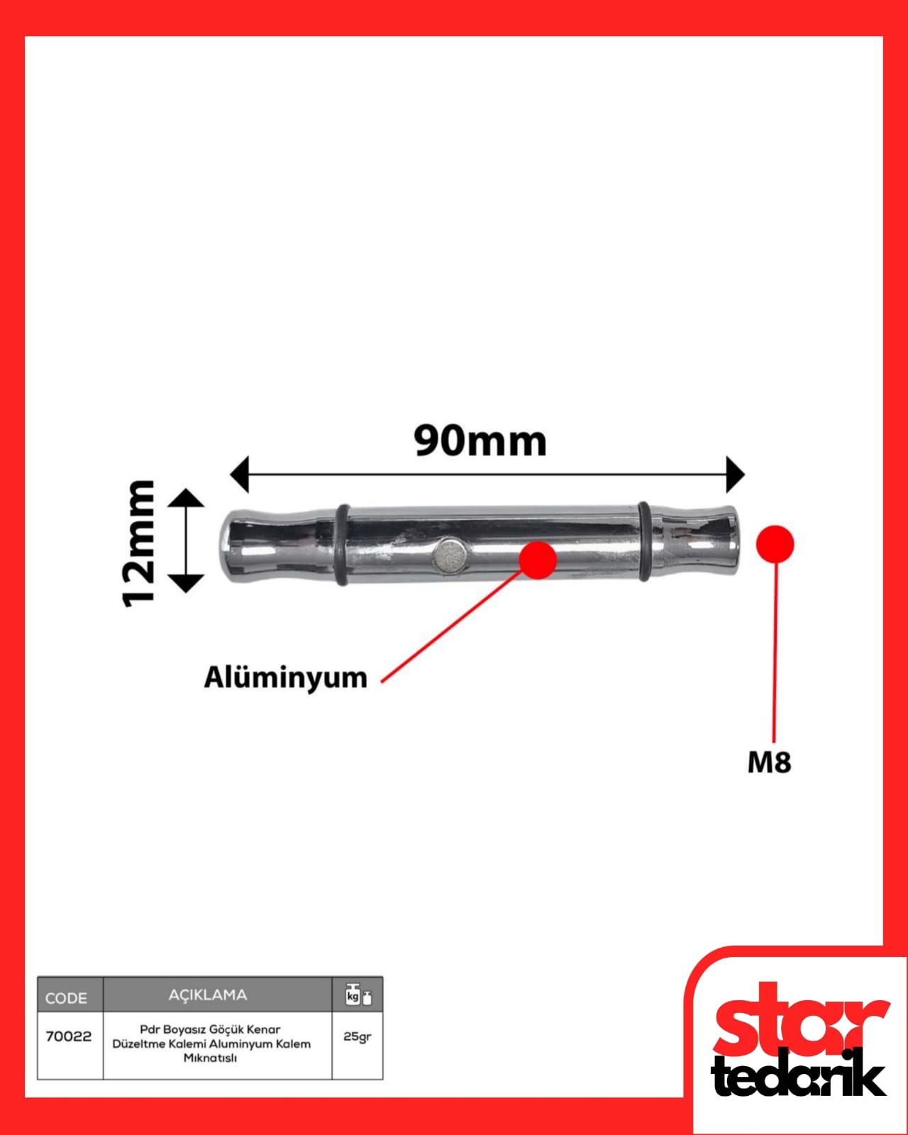 70022 Boyasız Göçük Düzeltme Kalemi Aluminyum 12mmx90mm Mıknatıslı - Görsel 1