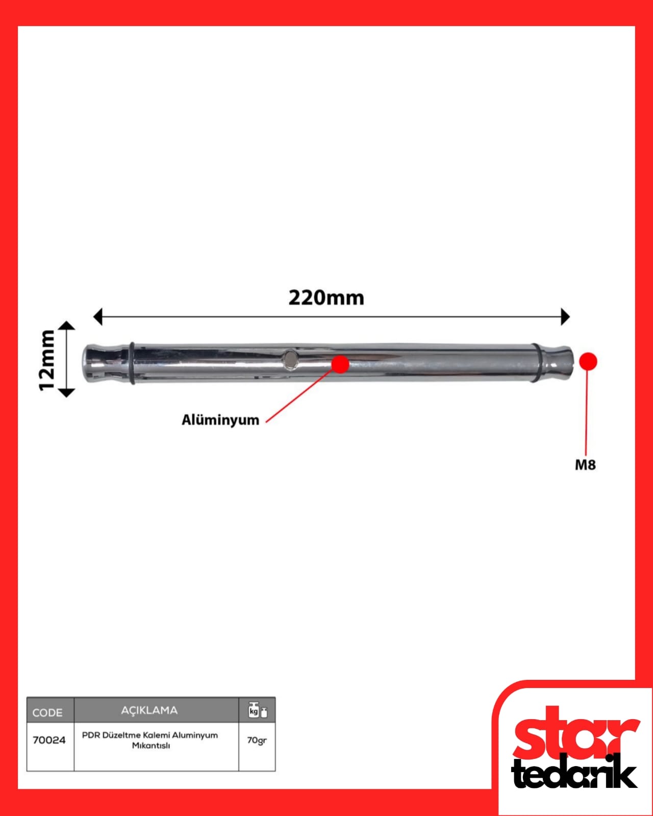 70024 Boyasız Göçük Düzeltme Kalemi Aluminyum 12mmx220mm Mıknatıslı - Görsel 1